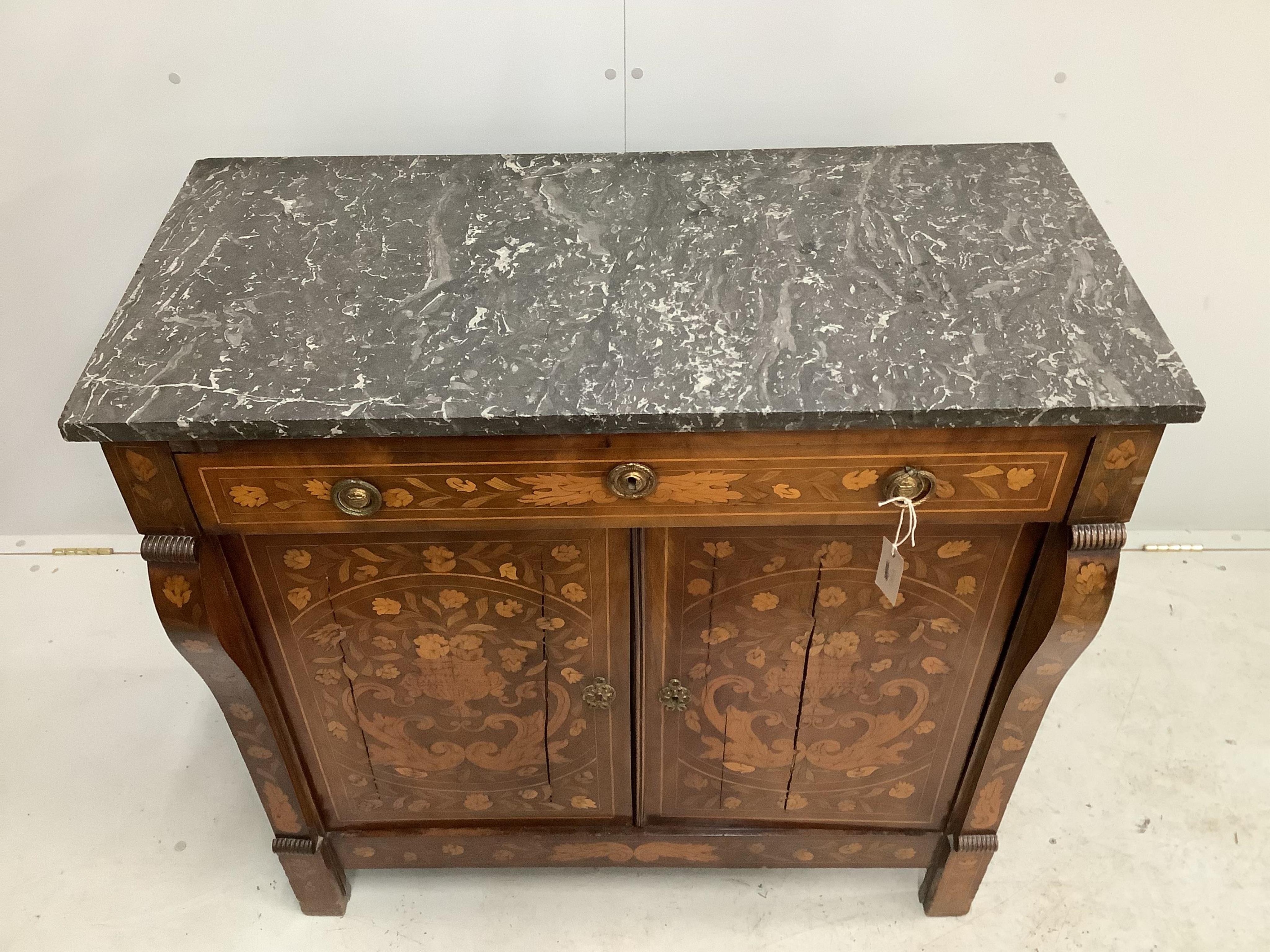 A 19th century Dutch walnut and marquetry cabinet with marble top, width 100cm, height 95cm. Condition - poor, cracking to both doors